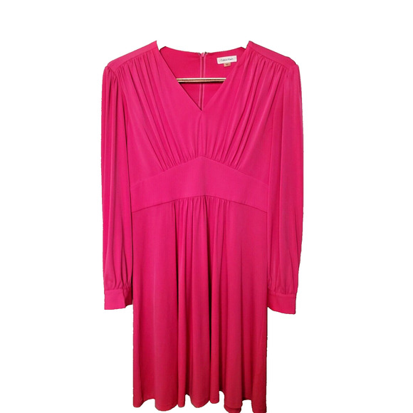 Calvin Klein Dresses & Skirts - Calvin Klein Womens Pink Long Sleeve Dress With Banded Waist w/Flared Skirt Sz L